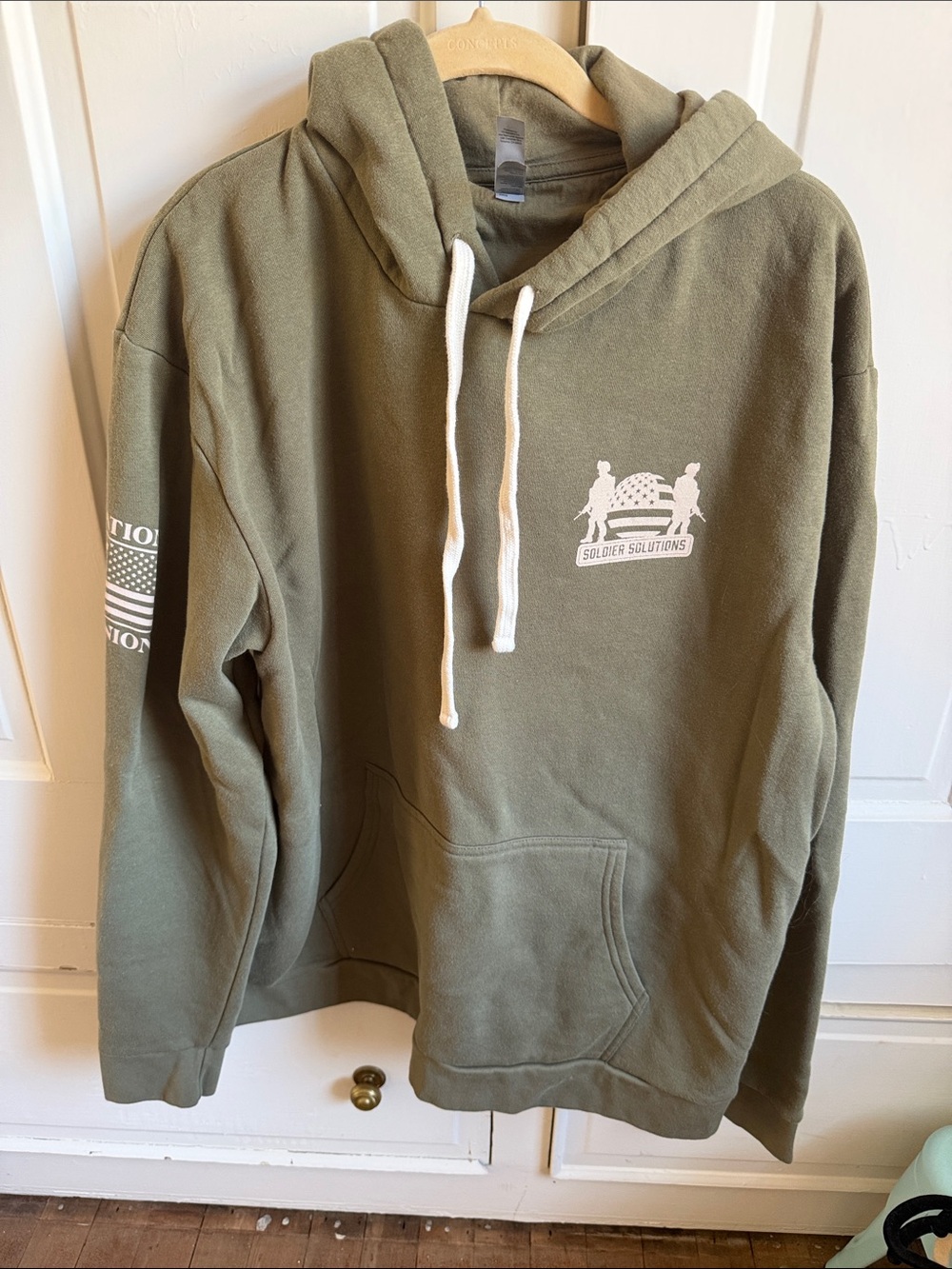 Next Level Apparel Olive Green Hoodie with White Drawstrings